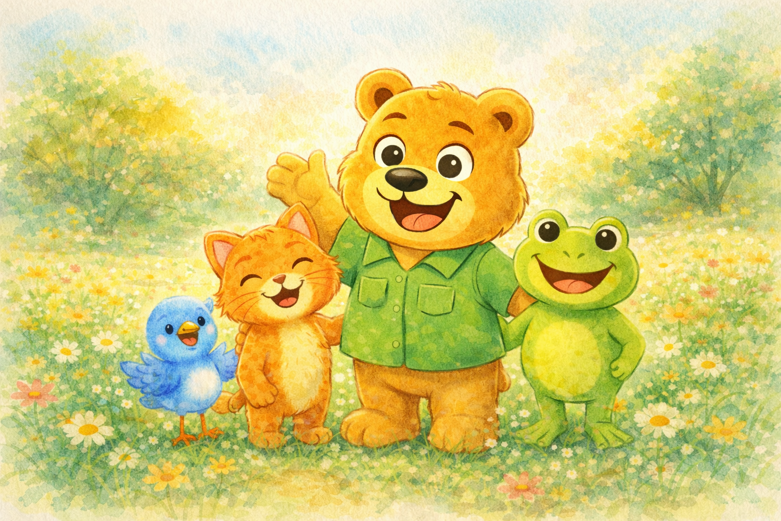 Woofie with his best friends Whiskers, Pip and Hoppy