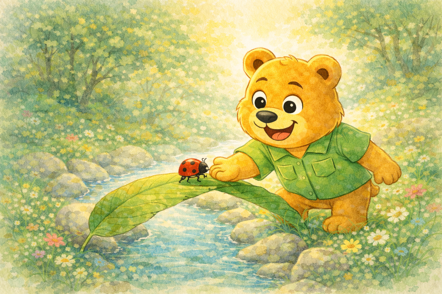 Woofie helping a small ladybird cross a leaf bridge over a stream