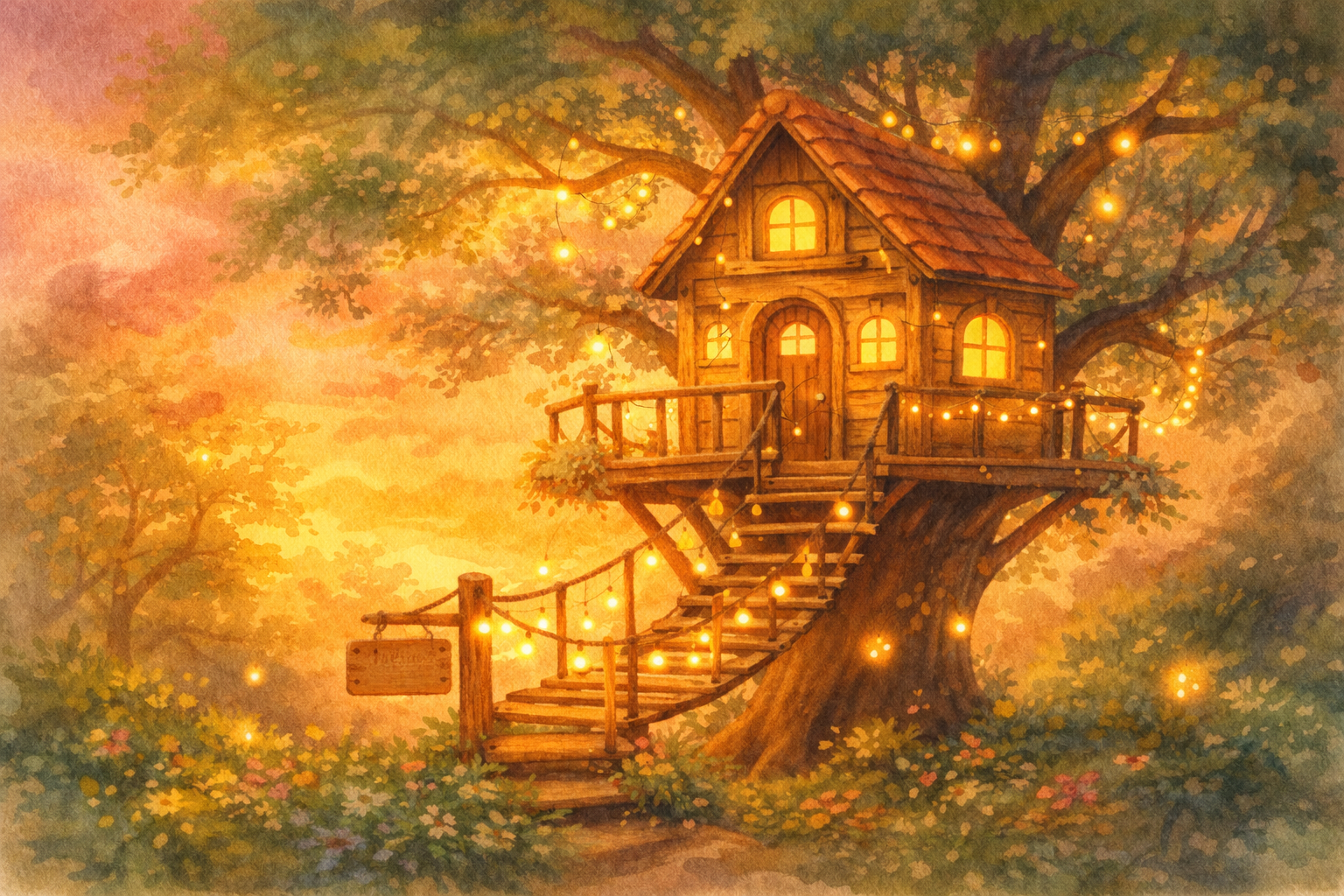A cosy treehouse in Sunshine Forest with fairy lights