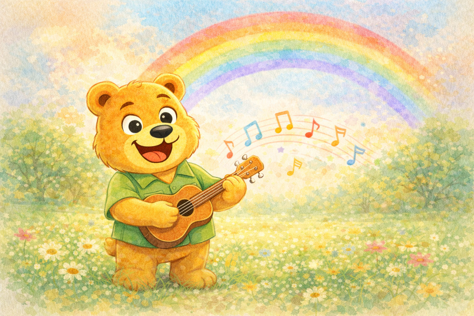Woofie playing a tiny guitar under a rainbow with musical notes floating